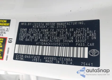 2025 Toyota Camry Le из США, поврежденный, VIN 4T1DAACK4SU582211